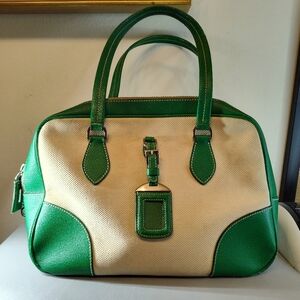 Prada Cinghiale Leather Trimmed Canapa Grezza Shoulder Bag Green Beige